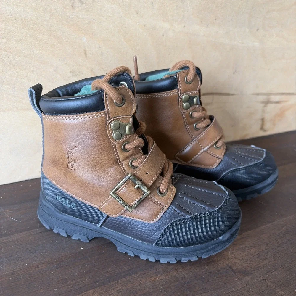 Polo Ralph Lauren Toddler Brown Black Leather Boots Water Resistant Buckle 9.5